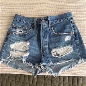 Levi's Blue Distressed Jean Shorts High-Waisted Frayed